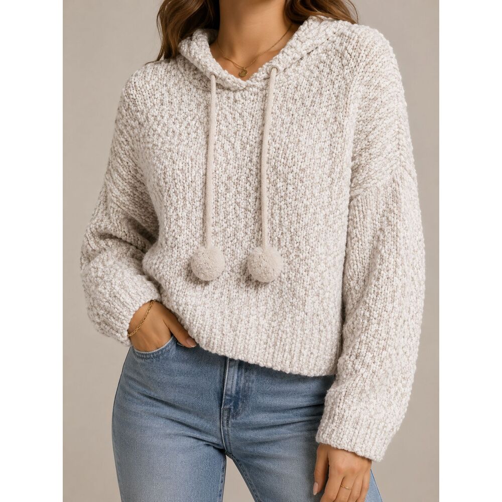 Yet Again Popcorn Knit Hoodie Sweater Cream Pom Pom Cozy Chunky Oversized L